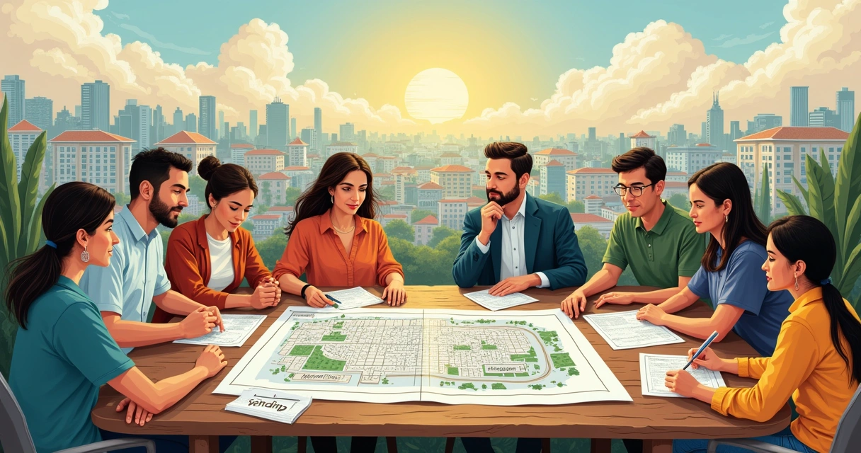 Grupo diverso discutindo regularização fundiária em uma mesa com plantas e documentos em uma cidade vibrante.