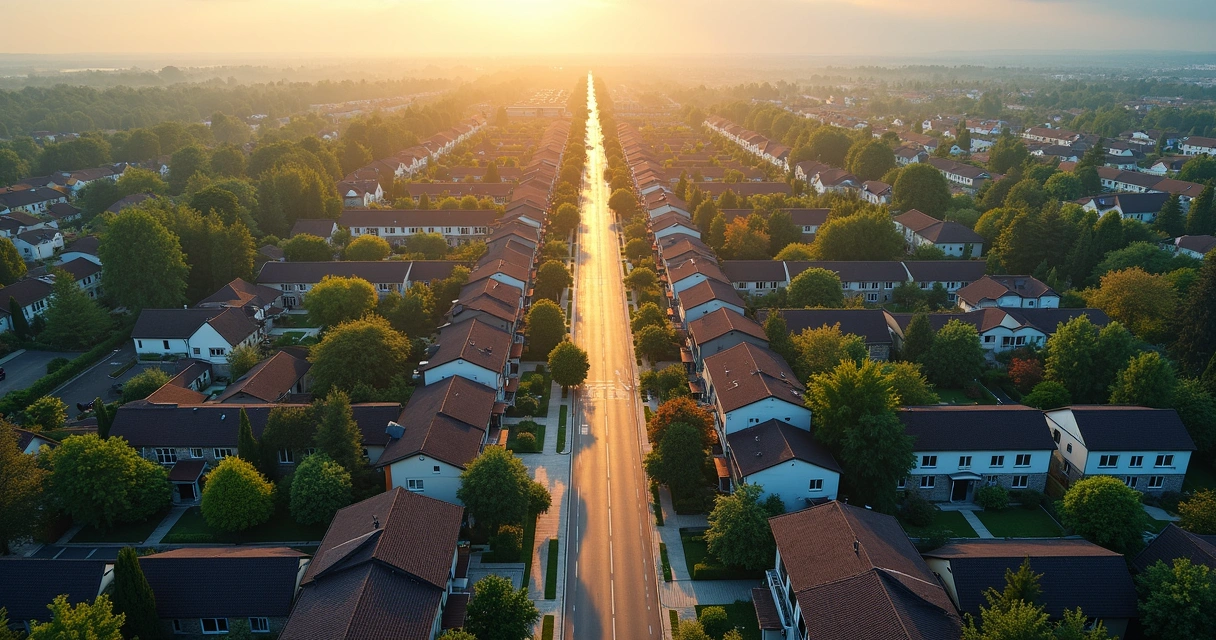 Vista aérea de bairro urbano com casas regularizadas, ruas e áreas verdes 