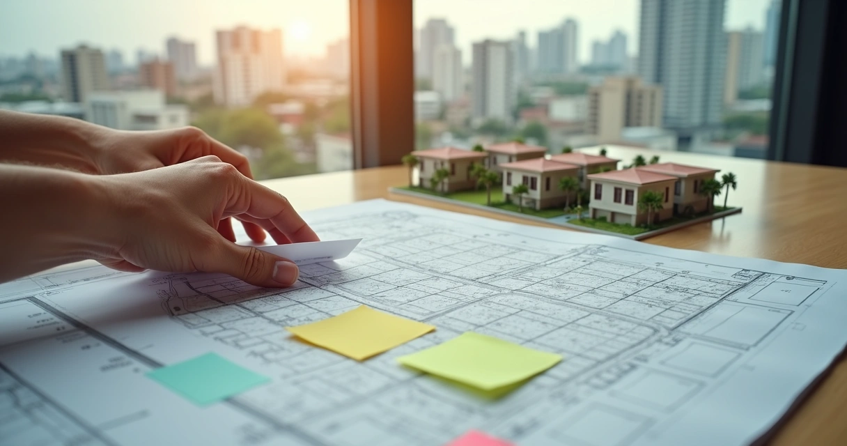 Mãos segurando planta de imóvel sobre mapa urbano com prédios ao fundo 