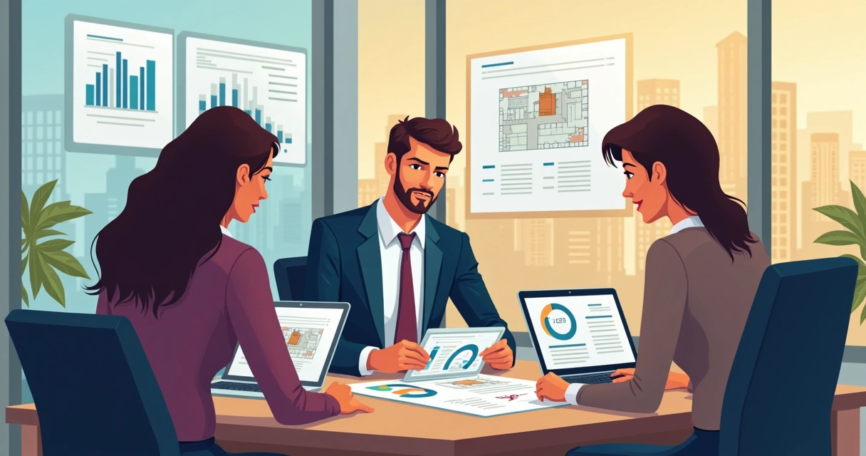 Três profissionais reunidos em ambiente moderno analisando plantas e documentos imobiliários digitais 