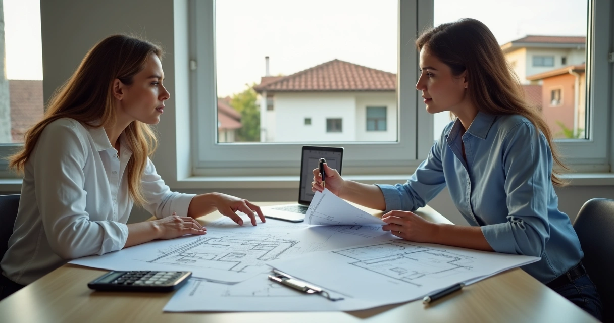 Corretor e proprietária analisando planta e documentos para regularizar imóvel 