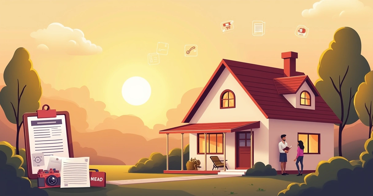 Ilustração de um processo de regularização de imóvel com casa, documentos e advogado no fundo.
