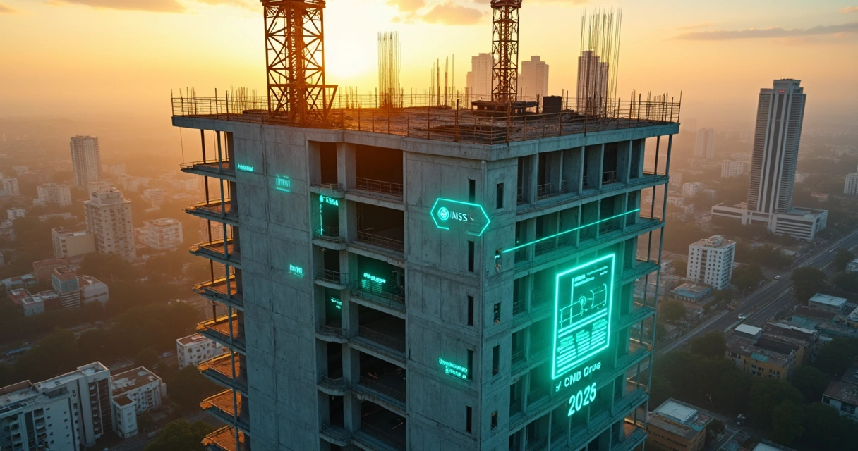 Vista aérea de prédio em construção com hologramas digitais de INSS e CND sobrepostos 