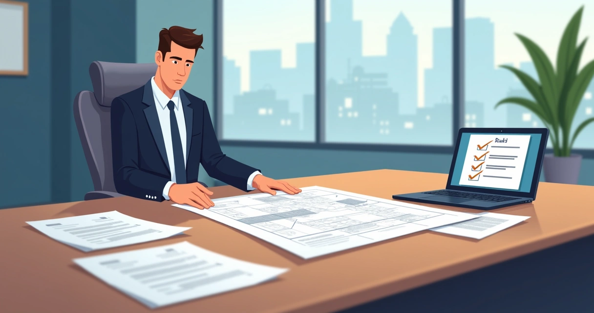 Gestora de imóveis analisando documentos de construção em ambiente de escritório 