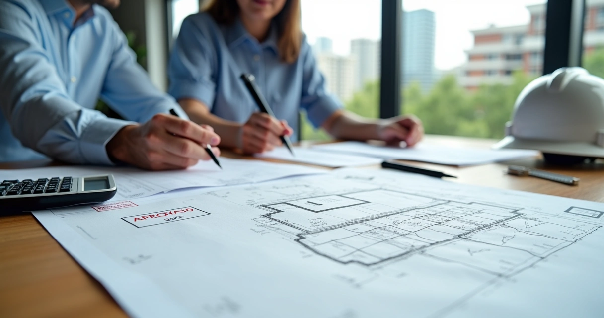 Engenheiro analisa documentos de um terreno urbano sobre mesa com planta e carimbo de aprovação 