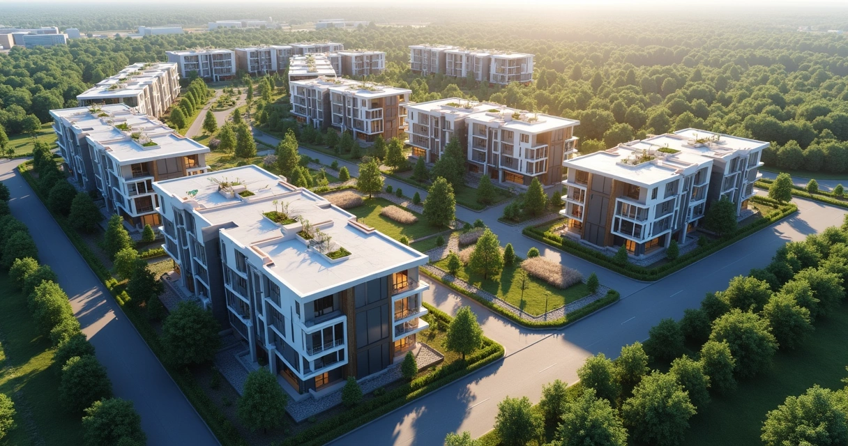 Vista aérea detalhada de um empreendimento imobiliário com várias unidades autônomas em construção, incluindo prédios residenciais modernos, áreas verdes e ruas organizadas 