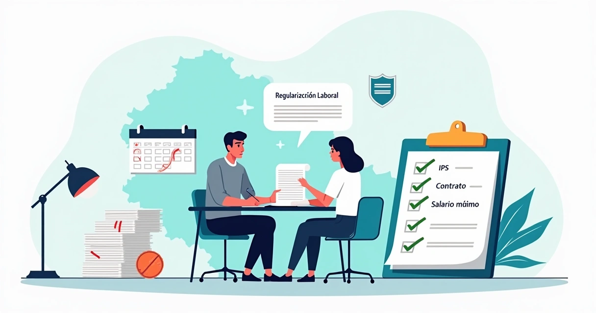Ilustración de trabajador y empresa firmando acuerdo de regularización laboral 