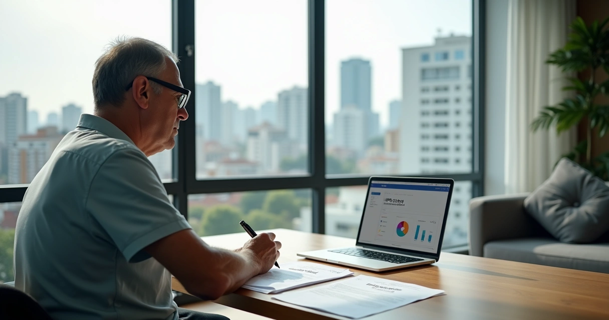 Proprietário analisando IPTU e contrato de aluguel em mesa com notebook e documentos 