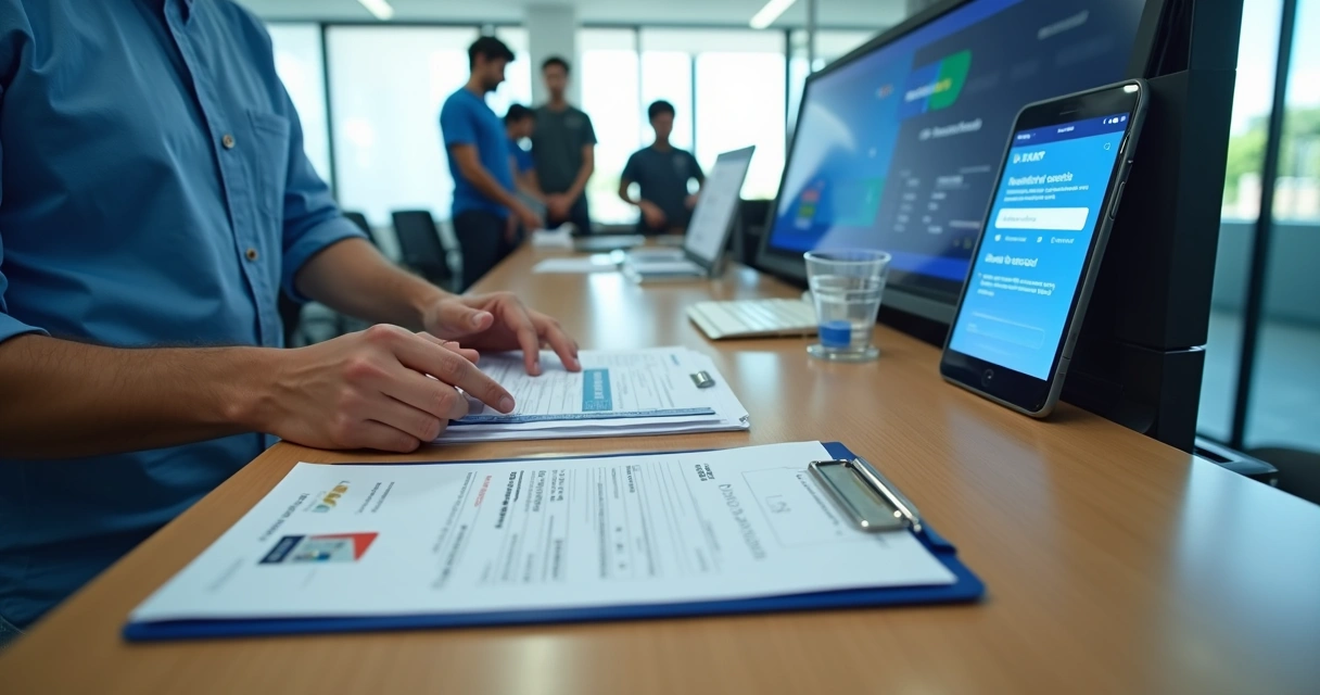 Pessoa organizando documentos da CNH em frente a um Detran 
