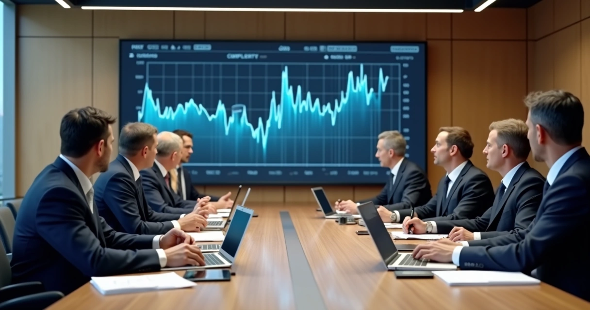Government meeting room with financial charts projected and compliance documents on the table 