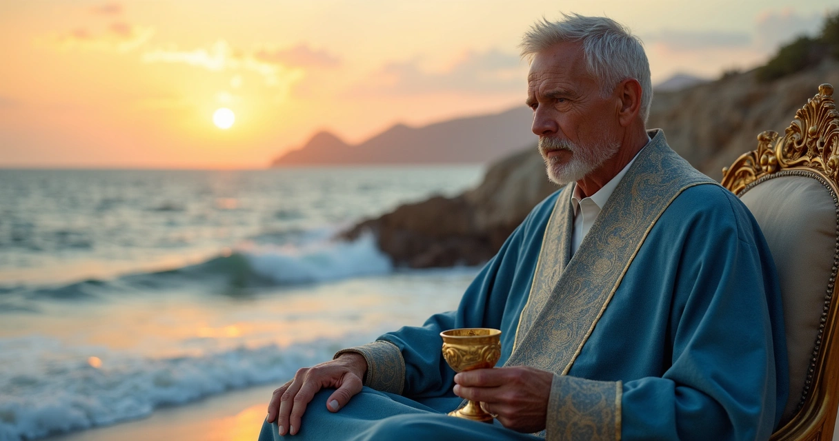 Homem madura sentado com cálice em mão e mar azul ao fundo, inspirando serenidade