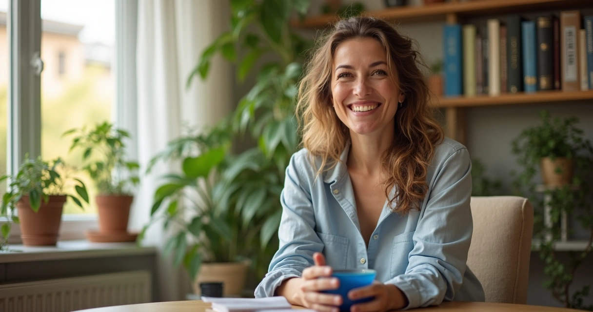 Pessoa sorridente em momento de autoconhecimento, segurando um copo azul, em cenário com livros e plantas