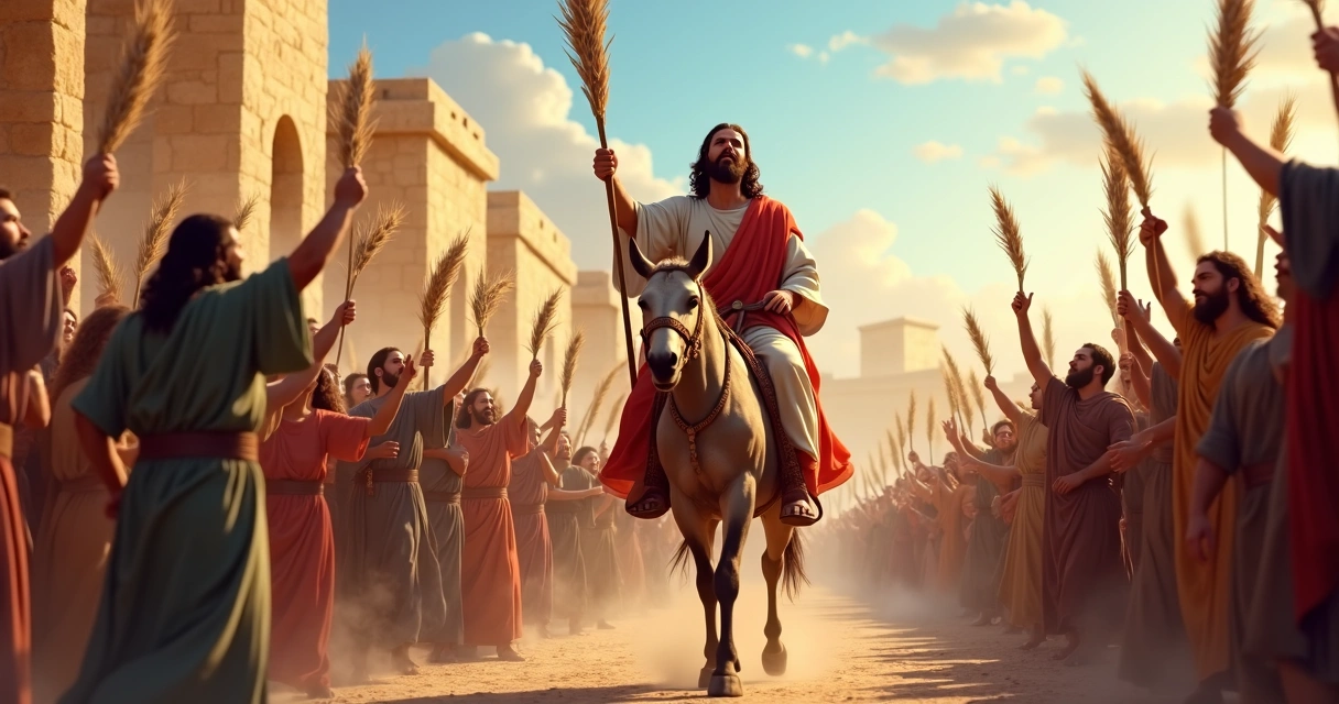 Jesus entrando em Jerusalém montado em um jumentinho, sendo saudado por pessoas com ramos de palmeira 