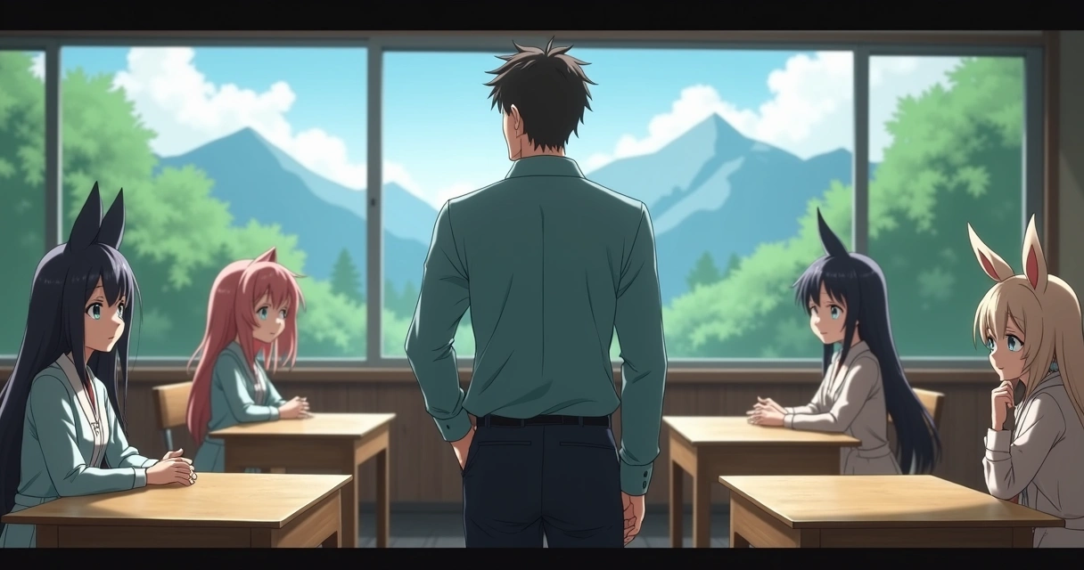 Professor Rei Hitoma frente a quatro alunas demi-humanas na escola 