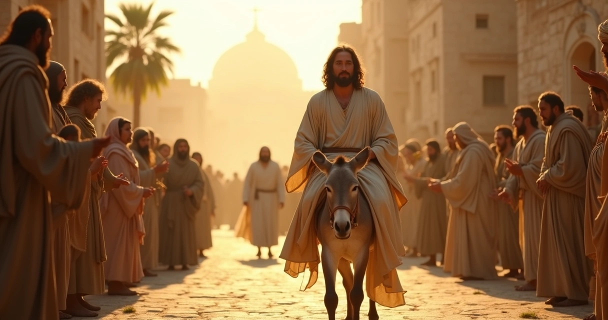 Representação de Jesus montado em jumentinho entrando em Jerusalém com ramos e luz suave ao entardecer 
