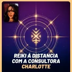 Símbolo de Reiki com fundo roxo e texto sobre consulta com consultora Charlotte