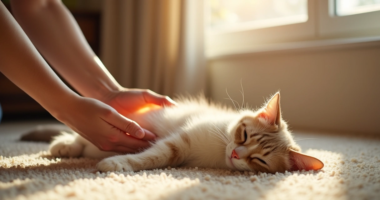 Gato deitado recebendo imposição de mãos de praticante de Reiki