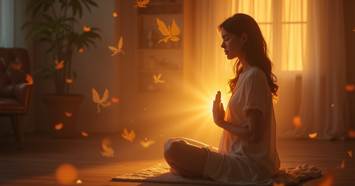 Pessoa realizando autotratamento de Reiki, mãos sobre o corpo, energia luminosa brilhando 