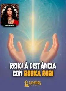 Mãos abertas segurando luz dourada com texto Reiki à distância com Bruxa Rubi
