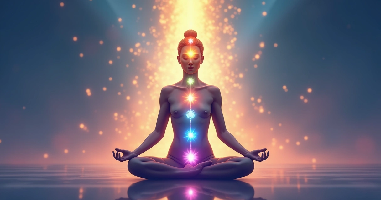 Ilustração de energia fluindo entre chakras de uma pessoa serena 