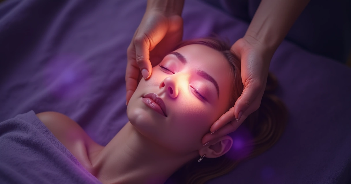Mãos realizando Reiki com luz sutil violeta ao fundo 