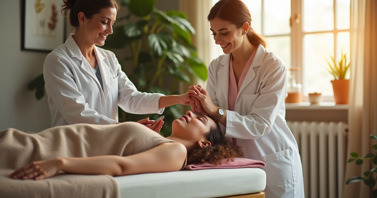 Pessoa em consultório recebendo reiki e orientação de terapeuta, clima acolhedor 