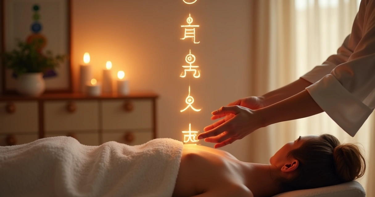 Pessoa praticando Reiki, mãos próximas ao corpo de outra pessoa, ambiente calmo e iluminado 