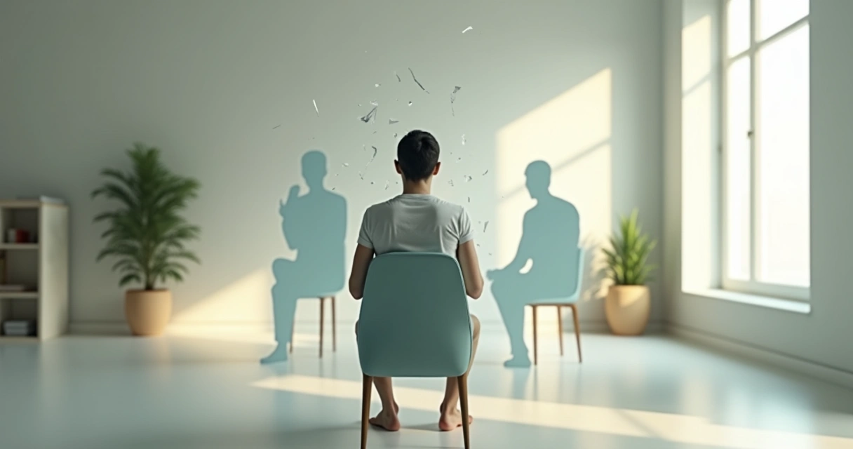 Pessoa em sala tranquila com silhueta fragmentada se reintegrando em uma única forma 