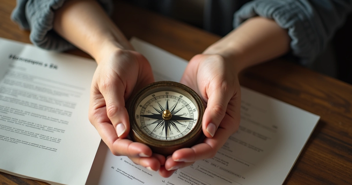 Mãos segurando uma bússola sobre uma superfície de madeira com papéis ao redor 