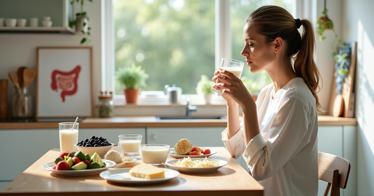 Mulher adulta saboreando copo de leite em cozinha com alimentos lácteos e vegetais 