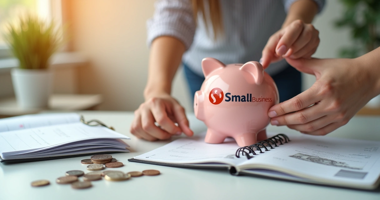 Duas mãos investindo dinheiro em cofrinho estilizado com logotipo MEI