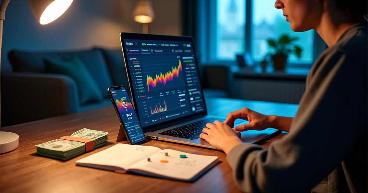 Pessoa analisando gráficos em notebook enquanto decide como reinvestir ganhos 