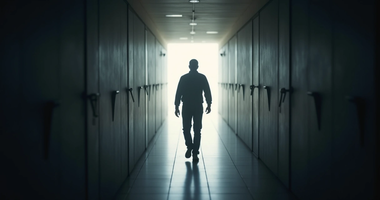 Pessoa caminhando em corredor escuro com feixe de luz à frente 