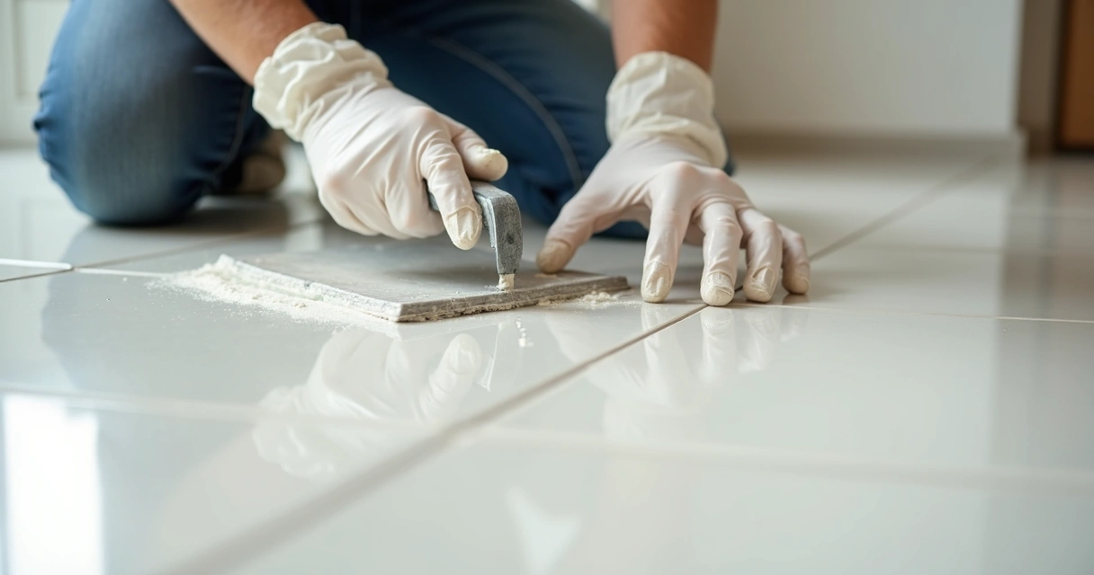 Rejunte epóxi: quando usar, prós e contras para obras 1 Pessoa aplicando rejunte epóxi entre porcelanatos claros