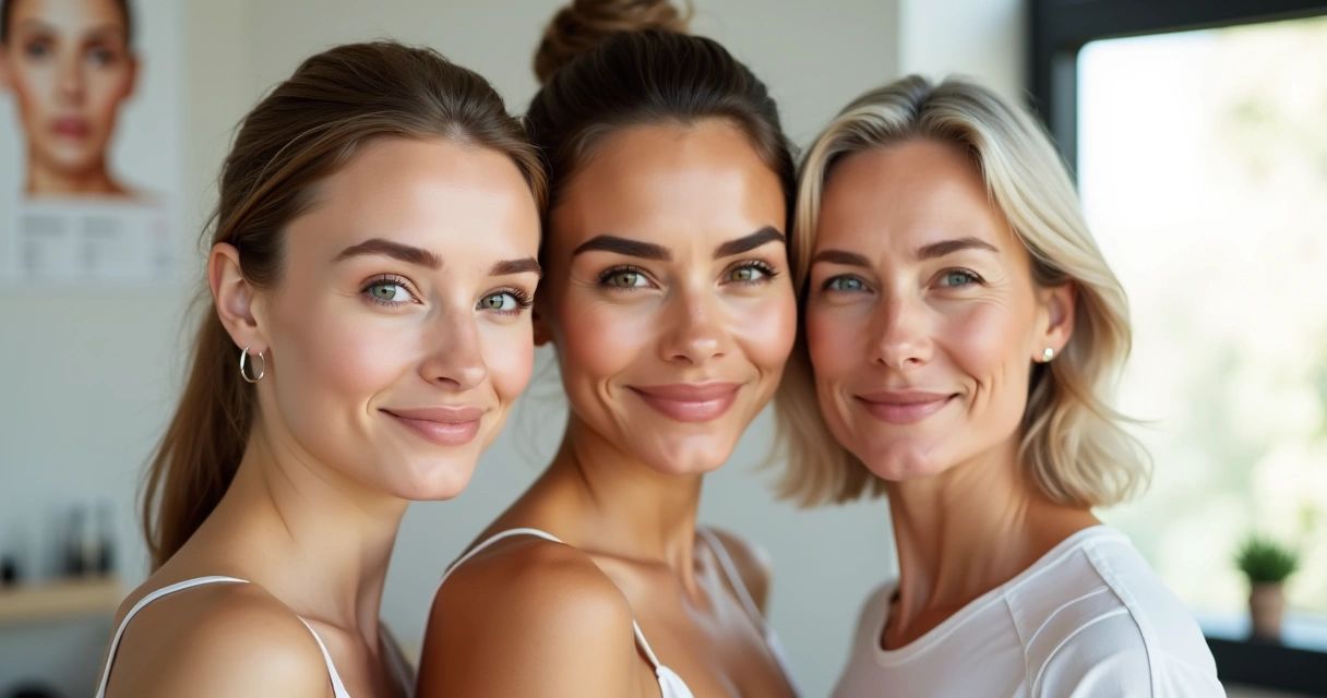 Três mulheres de idades diferentes com pele saudável lado a lado em ambiente de clínica moderna 