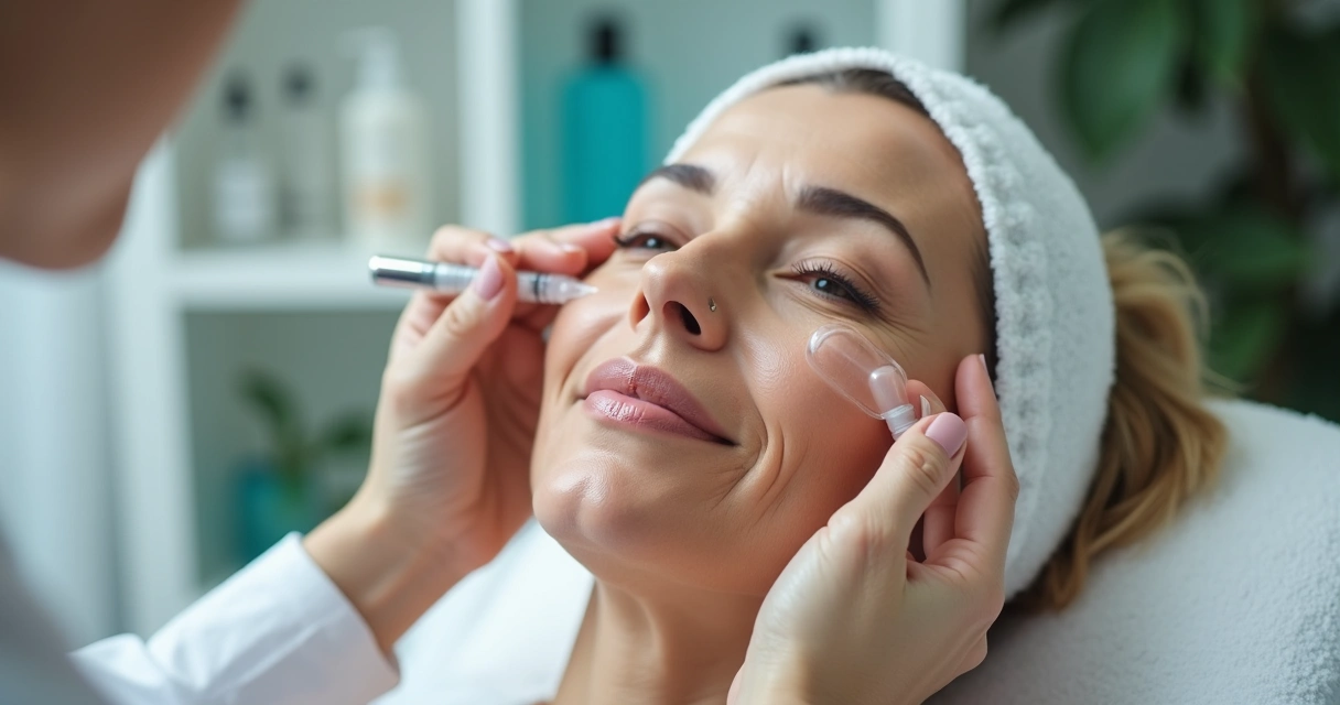 Rosto feminino maduro recebendo aplicação facial com profissional em consultório