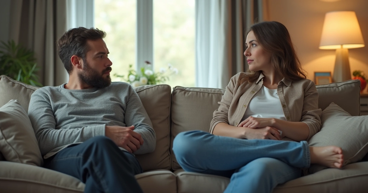 Duas pessoas sentadas em lados opostos de um sofá, evitando contato visual. 