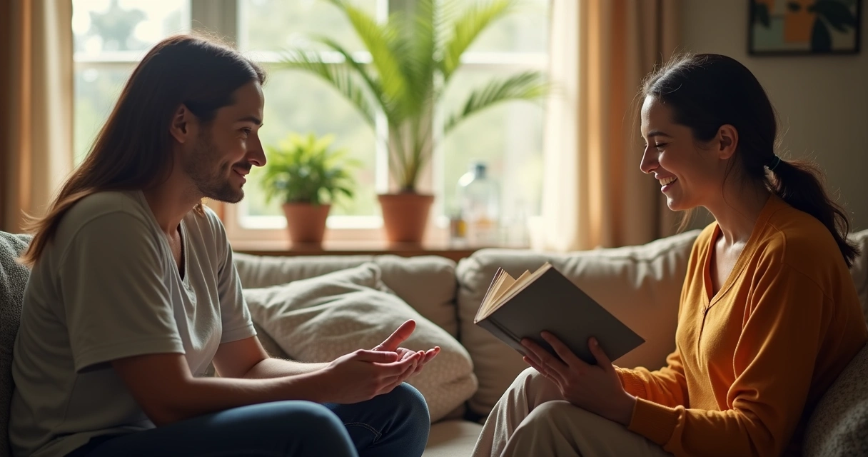 Representação de duas pessoas, uma recebendo apoio emocional e outra mostrando independência, lado a lado em um ambiente sereno. 