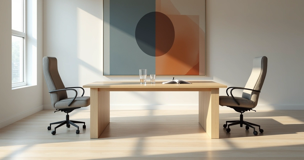 Mesa com duas cadeiras em alturas diferentes diante de mural com formas geométricas equilibradas 