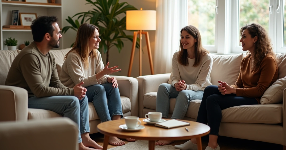 Amigos conversando de forma profunda em uma sala aconchegante 