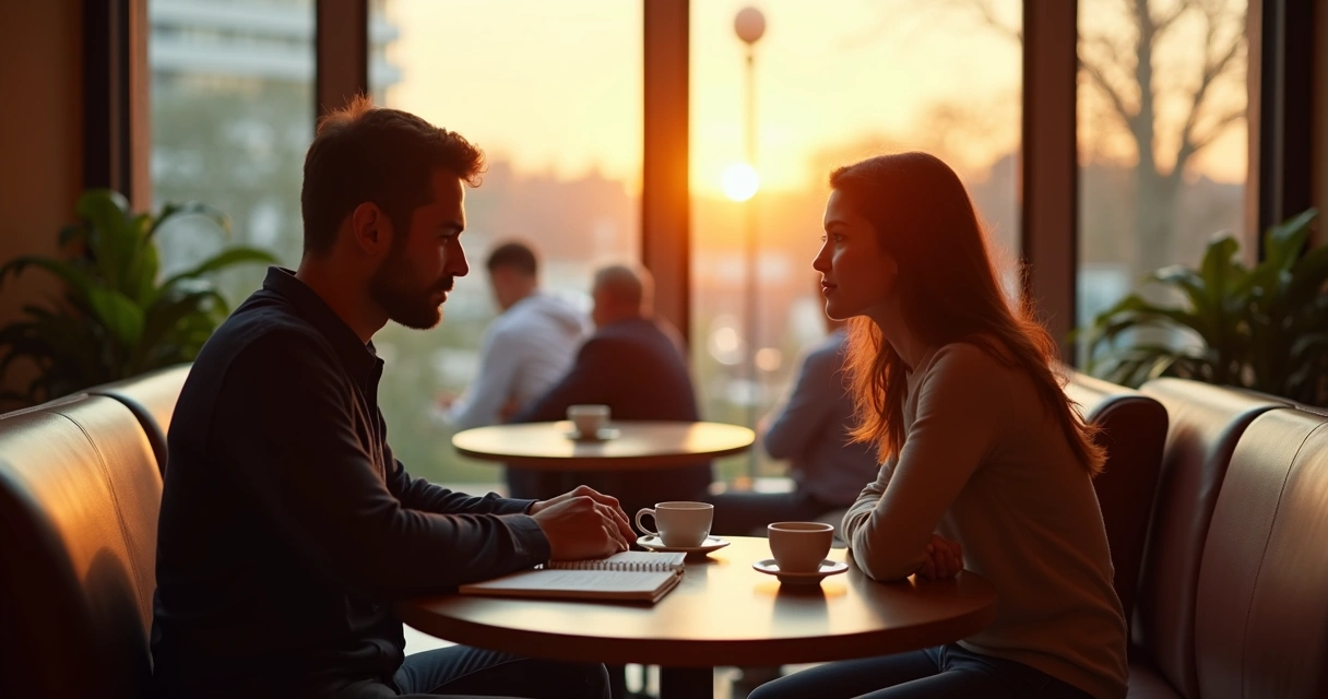 Dois adultos sentados frente a frente em cafeteria moderna em conversa profunda 