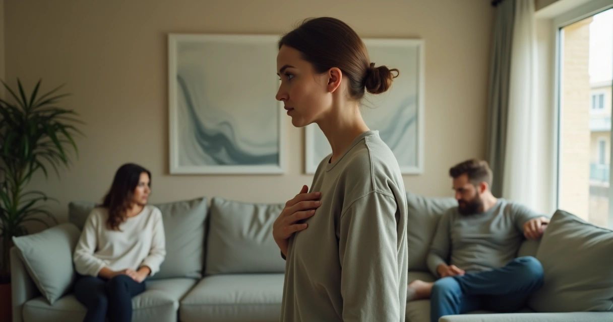 Pessoa em destaque entre duas figuras, uma acolhedora e outra controladora, simbolizando relações que ajudam ou limitam o autoconhecimento 