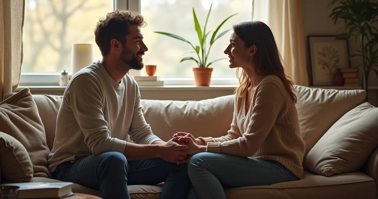 Casal conversando de mãos dadas sentados no sofá. 