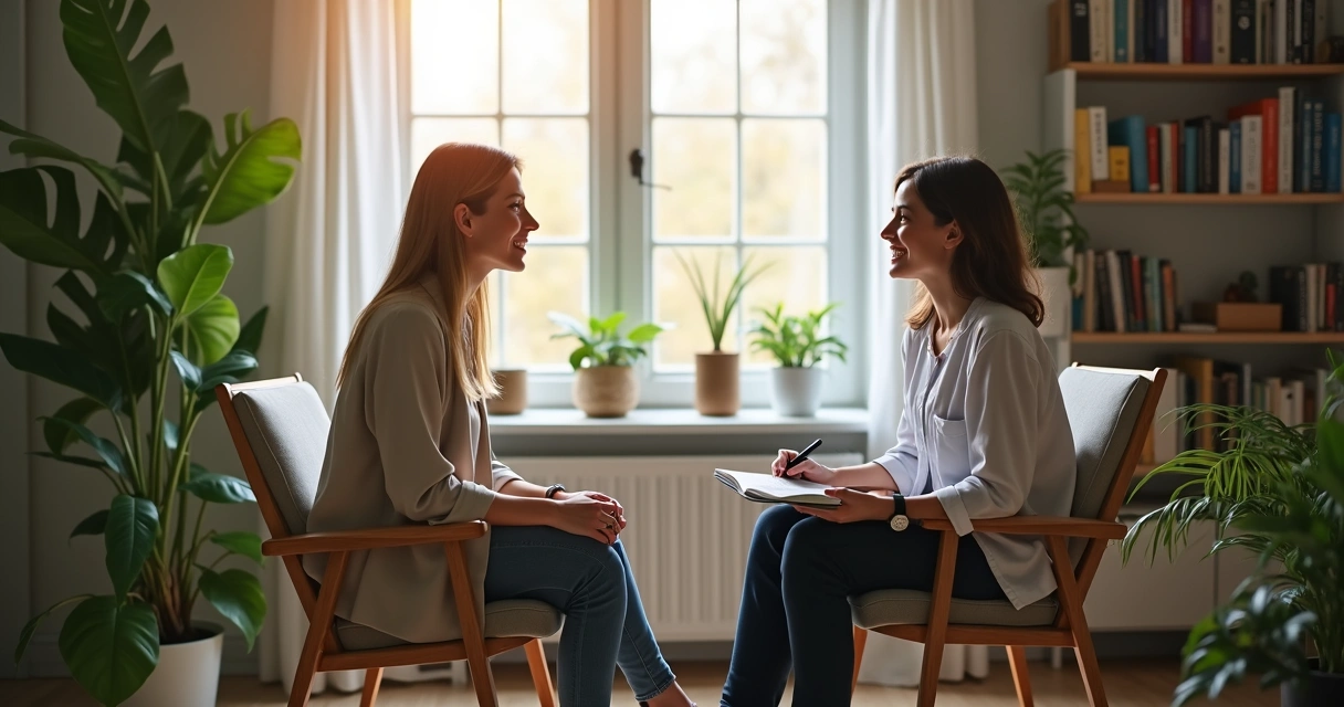Psicóloga e paciente sentados de frente em consultório moderno, ambos atentos e relaxados, com luz natural suave, livros e plantas ao fundo 