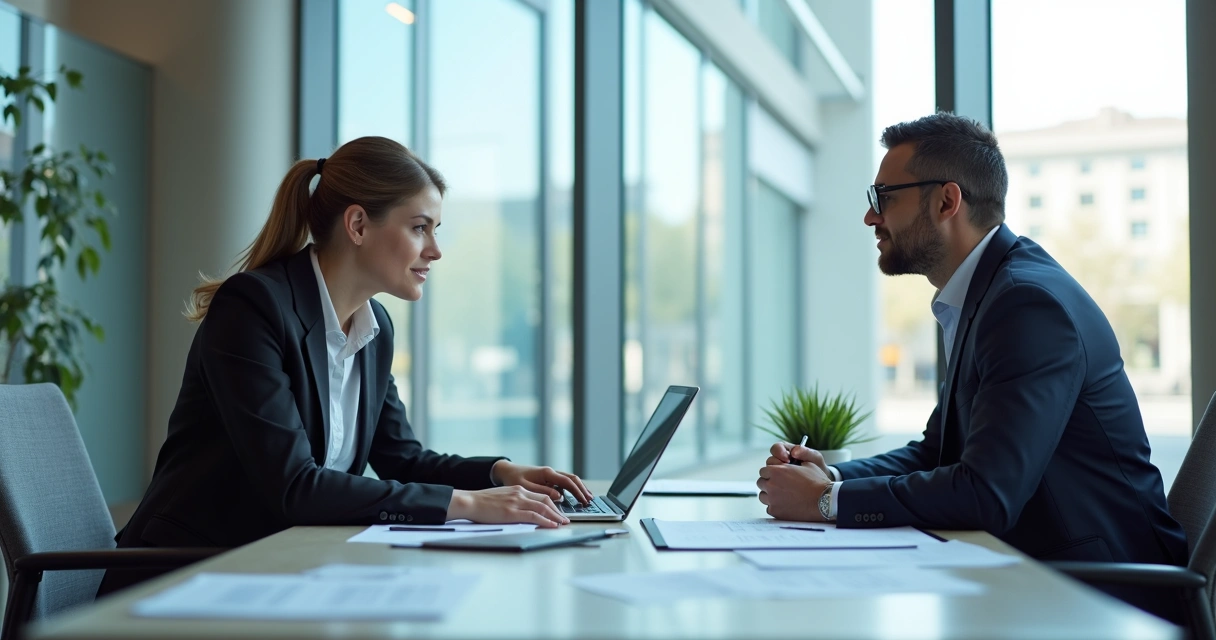 Contador e cliente conversando em sala de reunião moderna, ambos de frente para um notebook, ambiente iluminado e clean 