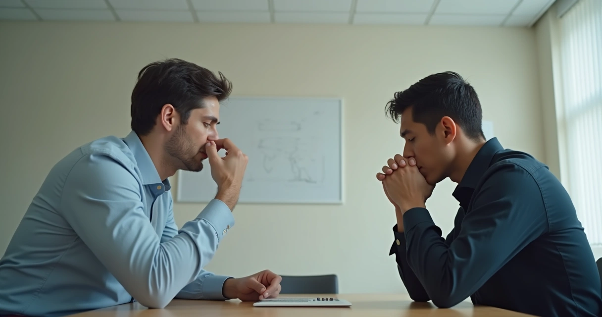 Duas pessoas sentadas em lados opostos de uma mesa, uma inclinada dominando a conversa, outra cabisbaixa