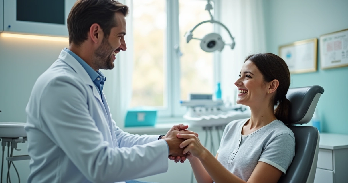 Dentista sorrindo cumprimentando paciente na clínica. 
