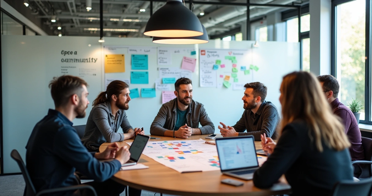 Equipe de desenvolvedores reunida com líderes de tecnologia 