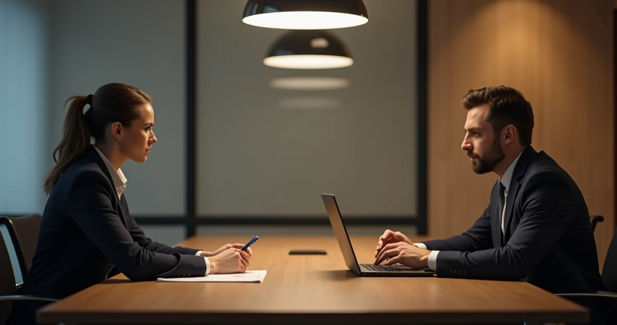 Duas pessoas em uma sala de reunião olhando uma para outra em silêncio 