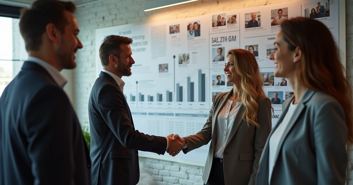 Cliente e equipe celebrando parceria duradoura 